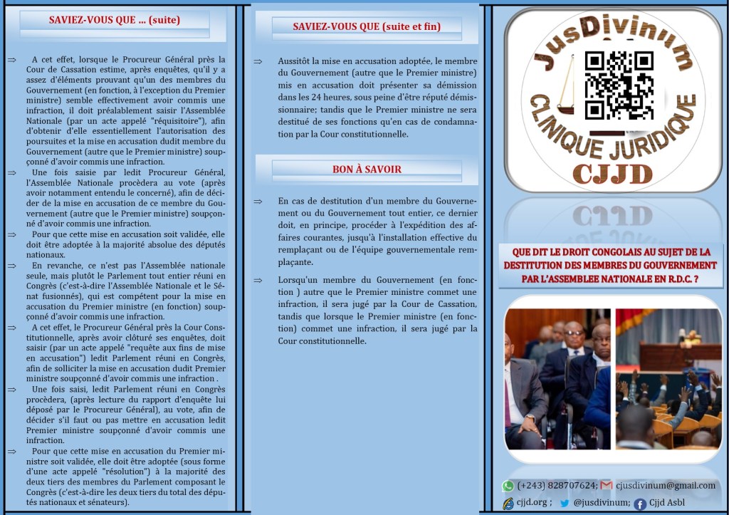 DEPLIANT SUR LA DESTITUTION DES MEMBRES DU GOUVERNEMENT (CENTRAL) PAR L&rsquo;ASSEMBLEE NATIONALE EN DROIT&nbsp;CONGOLAIS