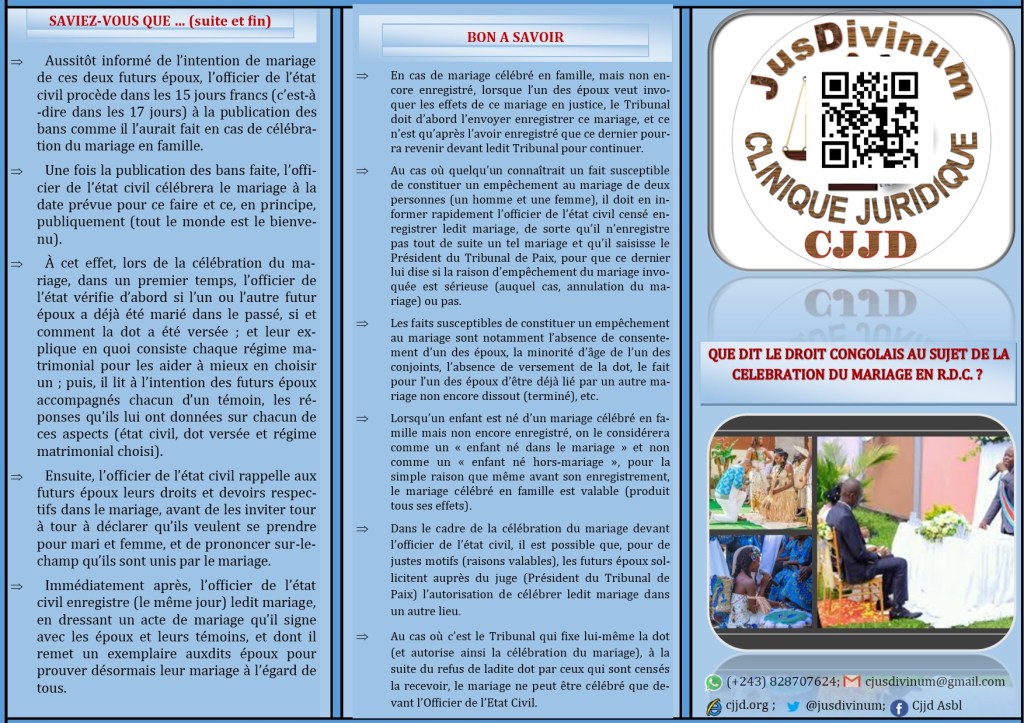DEPLIANT SUR LA CELEBRATION DU MARIAGE EN DROIT&nbsp;CONGOLAIS