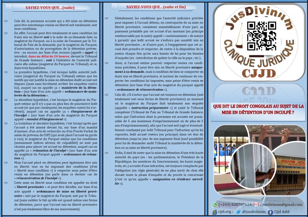 DEPLIANT SUR LA MISE EN DETENTION D&rsquo;UN INCULPE EN DROIT&nbsp;CONGOLAIS