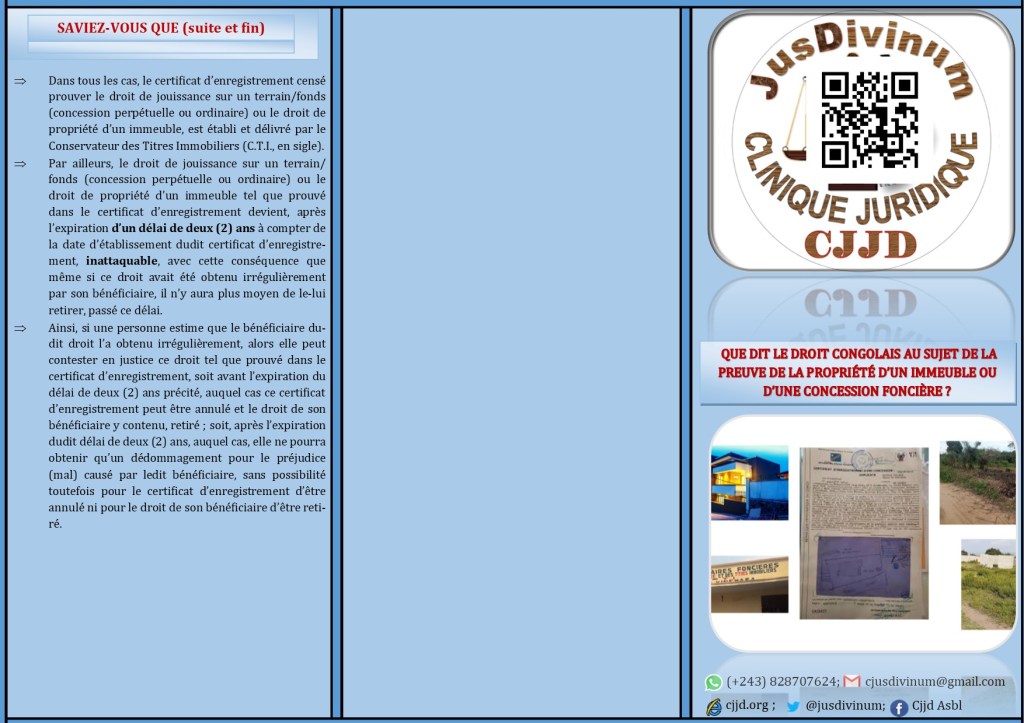 DEPLIANT SUR LA PREUVE DE LA PROPRIETE D&rsquo;UN IMMEUBLE OU D&rsquo;UNE CONCESSION FONCIERE EN DROIT&nbsp;CONGOLAIS