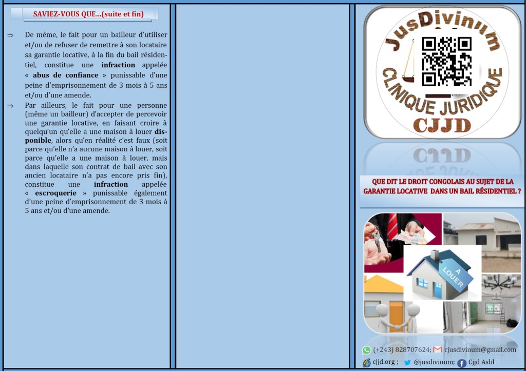 DEPLIANT SUR LA GARANTIE LOCATIVE DANS UN BAIL RESIDENTIEL EN DROIT&nbsp;CONGOLAIS