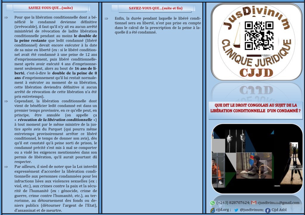 DEPLIANT SUR LA LIBERATION CONDITIONNELLE D&rsquo;UN CONDAMNE EN DROIT&nbsp;CONGOLAIS