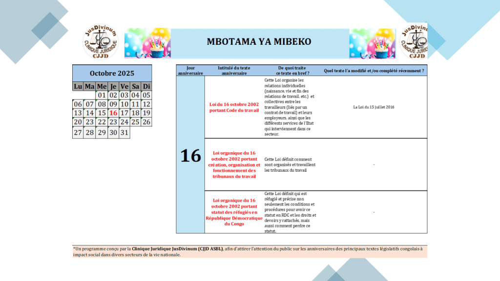 MBOTAMA DES LOIS DU 16&nbsp;OCTOBRE